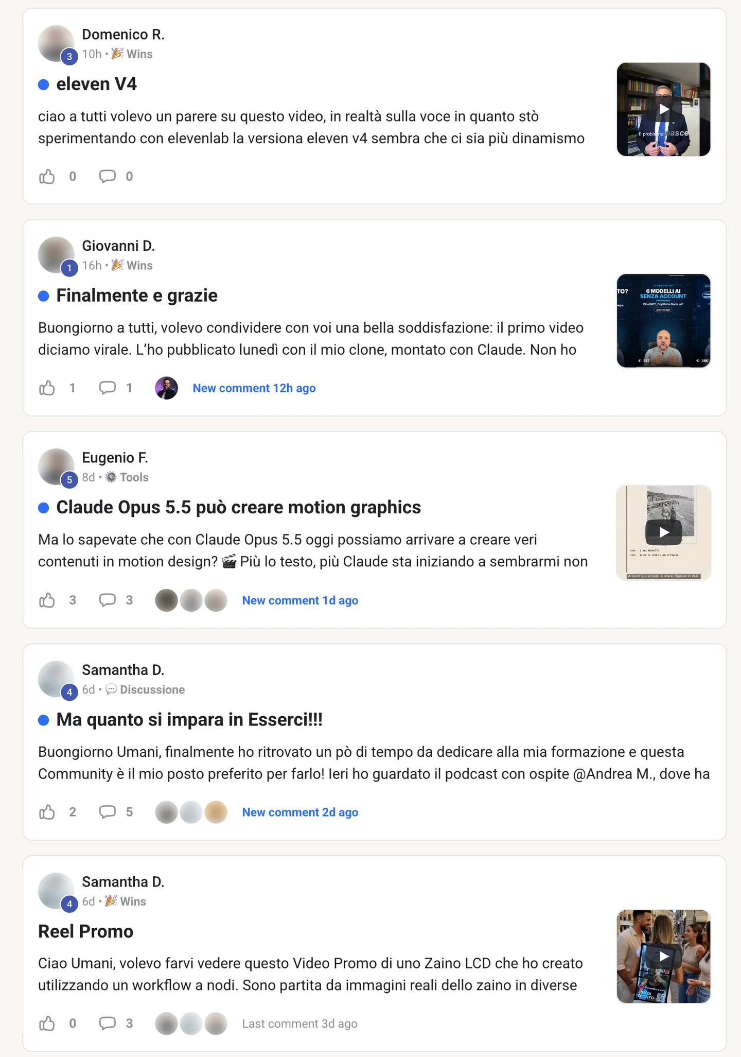 Il feed privato di Esserci su Skool il 14.10.2026. Domenico R. chiede un parere sulla voce del suo video; Giovanni D. racconta il suo primo video virale, fatto col suo clone; Eugenio F. prova le motion graphics con Claude; più in basso Samantha D. con due post. Avatar dei membri sfocati, cognomi ridotti all’iniziale.