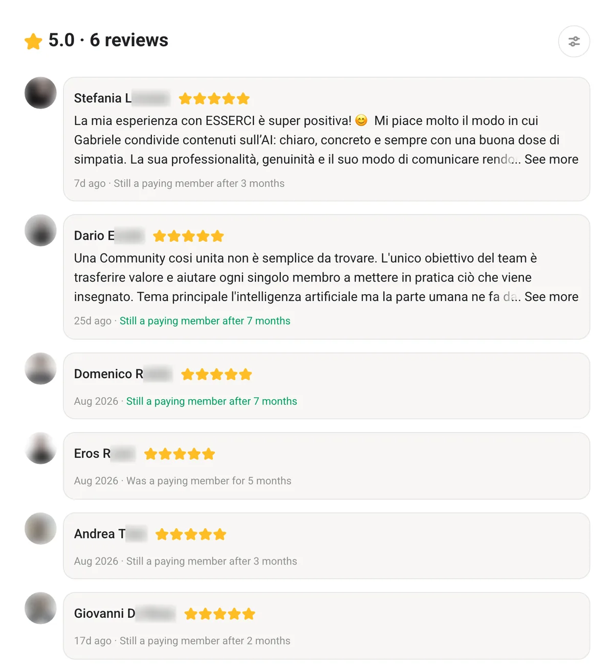 Le 6 recensioni di Esserci sulla pagina pubblica di Skool, tutte da 5 stelle su 5.